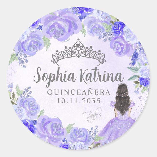Sticker Rond Floral Purple Princesse Quinceanera Anniversaire F (Devant)