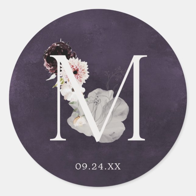 Sticker Rond Floral Romance Lettre M Monogramme Plum Mariage Sc (Devant)