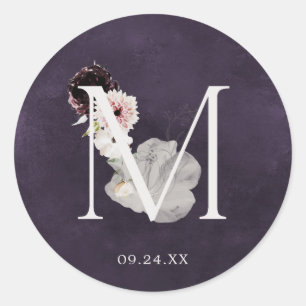 Sticker Rond Floral Romance Lettre M Monogramme Plum Mariage Sc