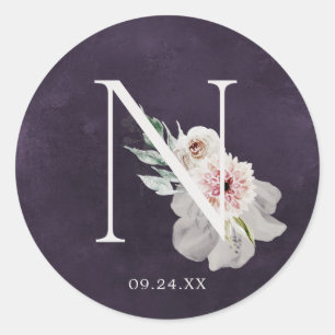 Sticker Rond Floral Romance Lettre N Monogramme Plum Mariage Sc