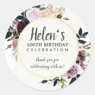 Sticker Rond Floral rose pourpre 100e Merci d'anniversaire