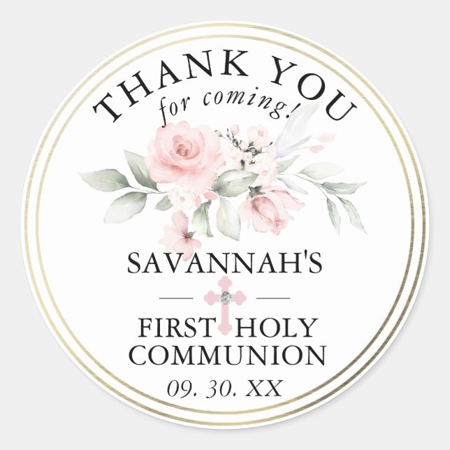 Sticker Rond Floral rose Premier Merci de communion (Devant)