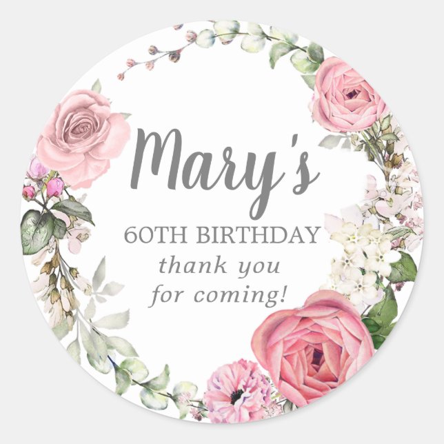 Sticker Rond Floral rose rustique 60e anniversaire Merci (Devant)