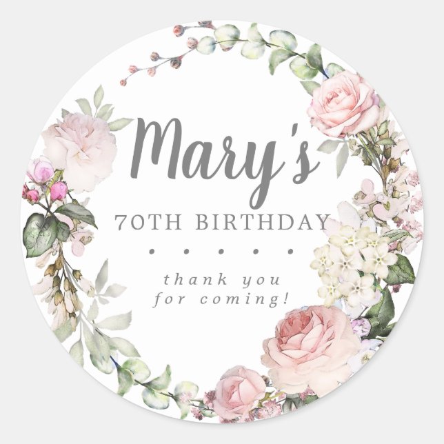 Sticker Rond Floral rose rustique 70e anniversaire Merci (Devant)