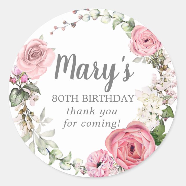 Sticker Rond Floral rose rustique 80e anniversaire Merci (Devant)