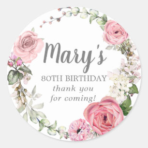 Sticker Rond Floral rose rustique 80e anniversaire Merci