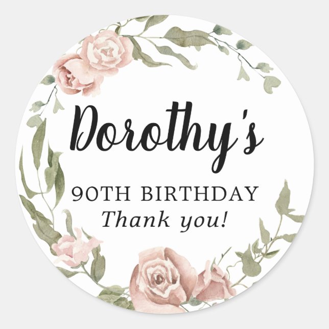 Sticker Rond Floral rose rustique 90e anniversaire Merci (Devant)