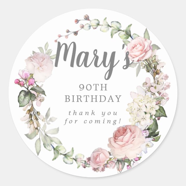Sticker Rond Floral rose rustique 90e anniversaire Merci (Devant)