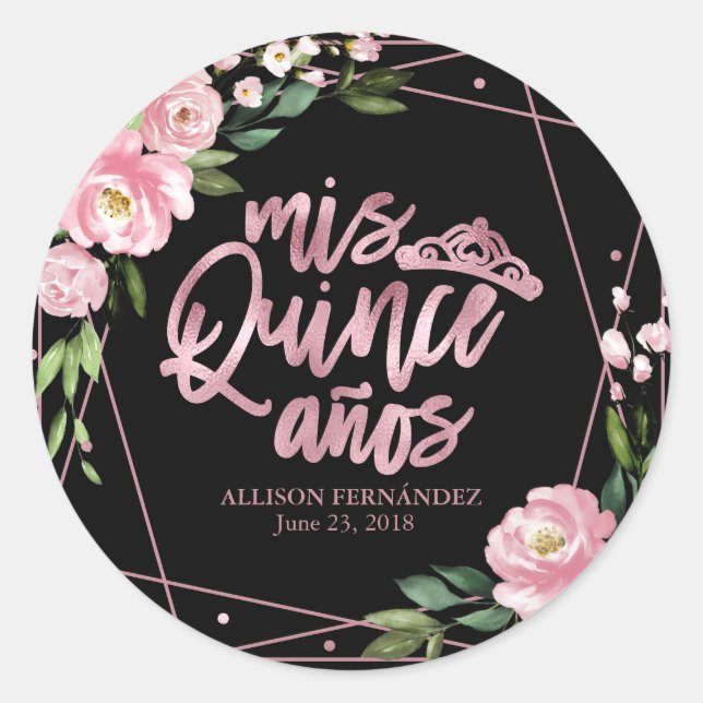Sticker Rond Floral Rose Sur Quinceanera Noir (Devant)