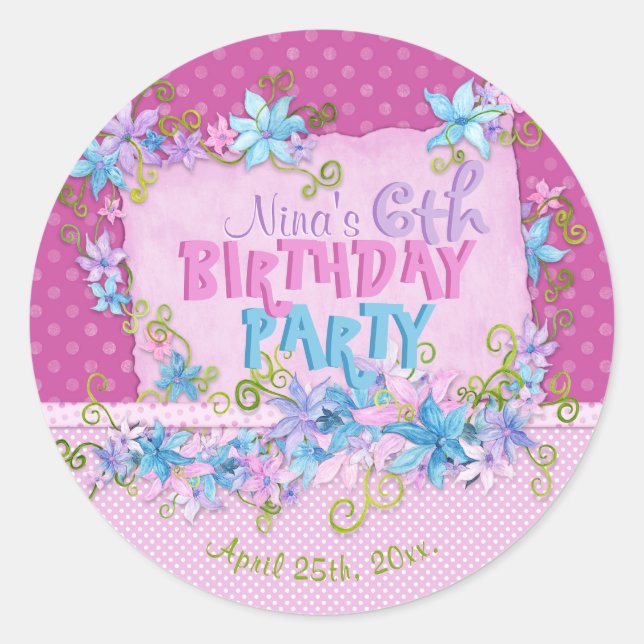 Sticker Rond Floral rose violet Pois fête d'anniversaire (Devant)