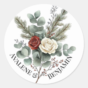 Sticker Rond Floral Rouge Blanc Noël Rose Mariage
