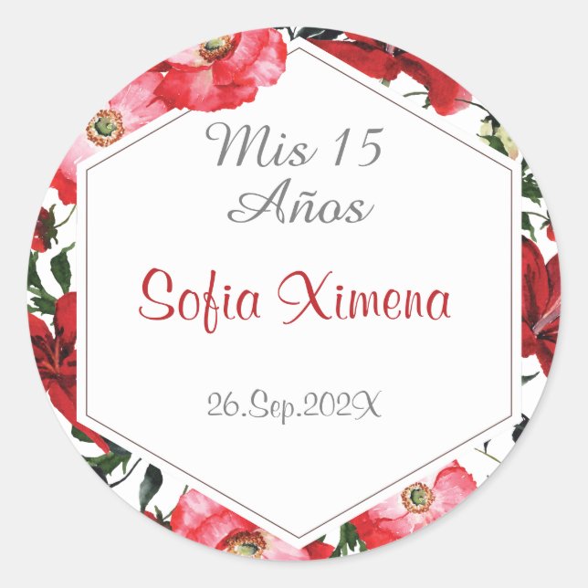 sticker rond floral rouge classique Quinceañera (Devant)