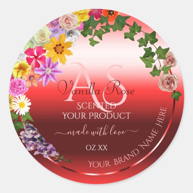 Sticker Rond Floral Ruby Red Gradient Produit Monogramme Étique (Devant)
