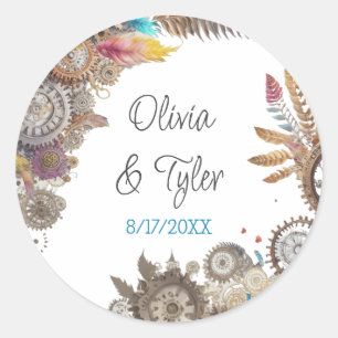 Sticker Rond Floral Steampunk Mariage Date et noms