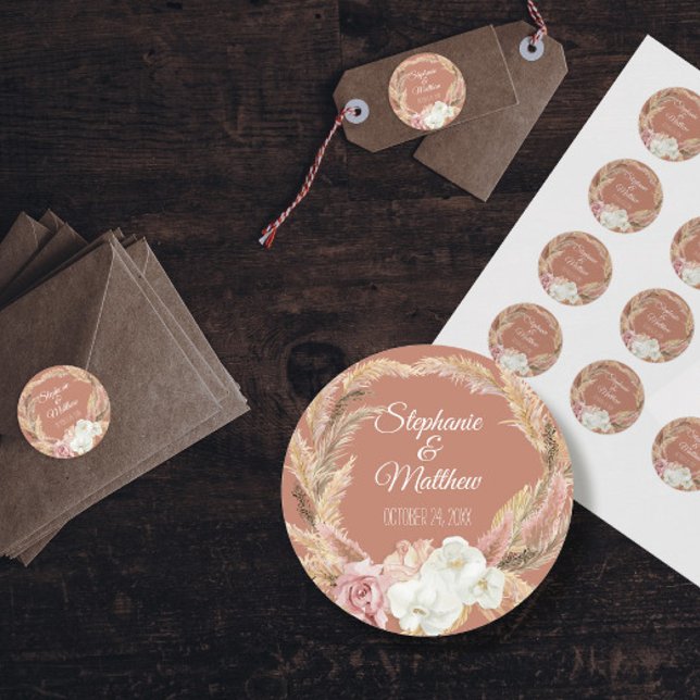 Sticker Rond Floral Terracotta Blush Boho Pampas Palm Mariage (Créateur téléchargé)