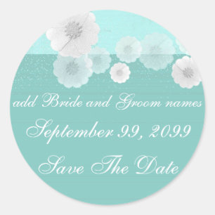 Sticker Rond Floral turquoise Et Blanc Enregistrer La Date Rapp
