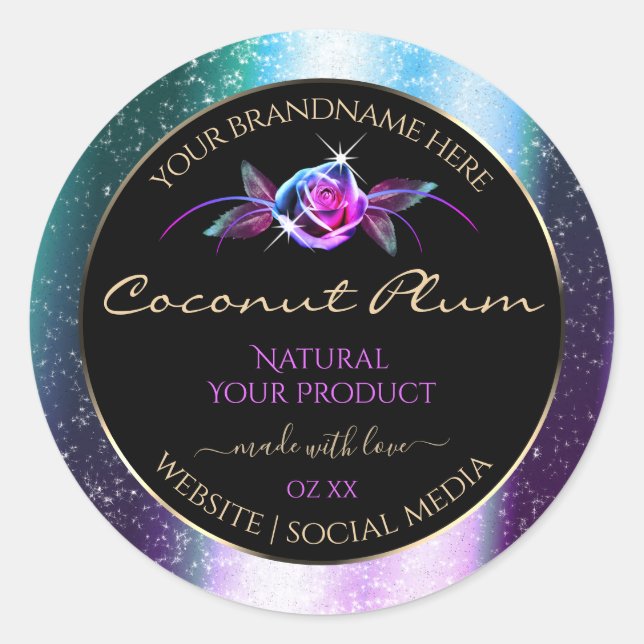 Sticker Rond Floral Turquoise Parties scintillant violet noir É (Devant)