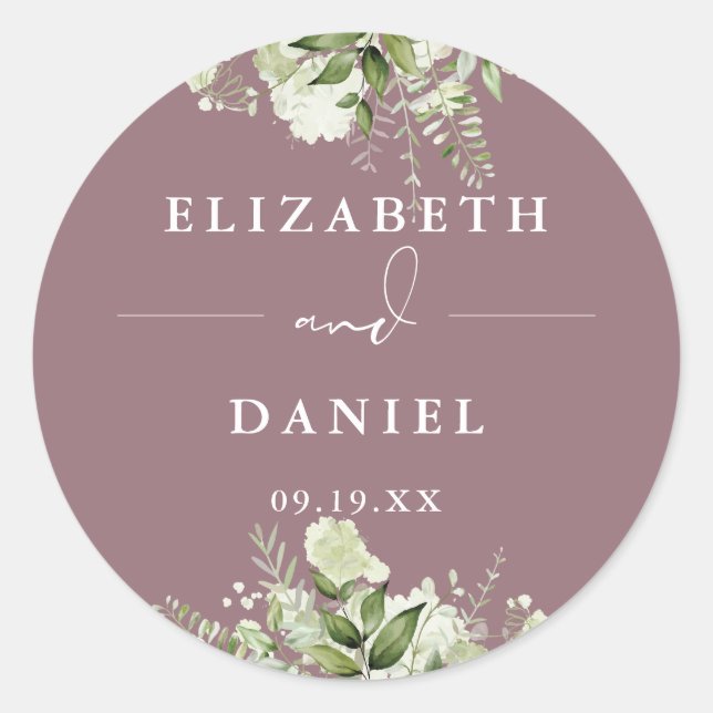 Sticker Rond Floral Verdure Mauve Mariage Favoriser (Devant)