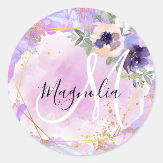 Sticker Rond Floral violet, rose et or Marbre arc-en-ciel Monog