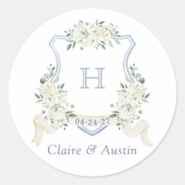 Sticker Rond Floral White Elegant Dusty Blue Crest Envelope