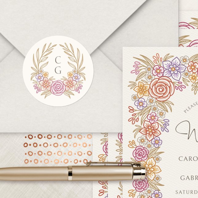 Sticker Rond Floral Wreath Automne Monogramme Crest Mariage (Créateur téléchargé)