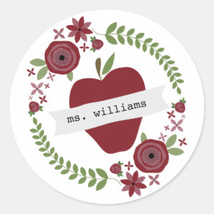 Sticker Rond Floral Wreath Red Apple Enseignant personnalisé