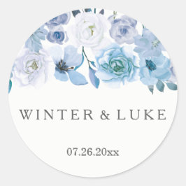 Sticker Rond Florales d'hiver : Bleu Blanc Mariage Faveurs