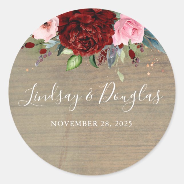 Sticker Rond Florales rouges de Bourgogne Mariage rustique (Devant)