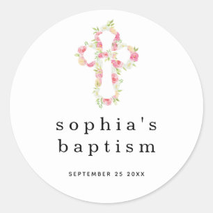 Sticker Rond Floraux rose minimal Nom croisé Date Fille Baptême