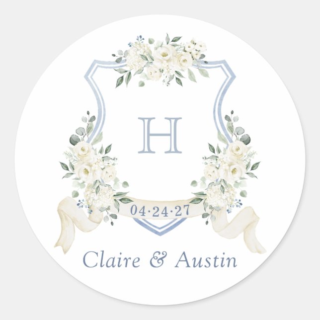 Sticker Rond Flore Blanc Élégant Dusty Blue Crest Enveloppe (Devant)
