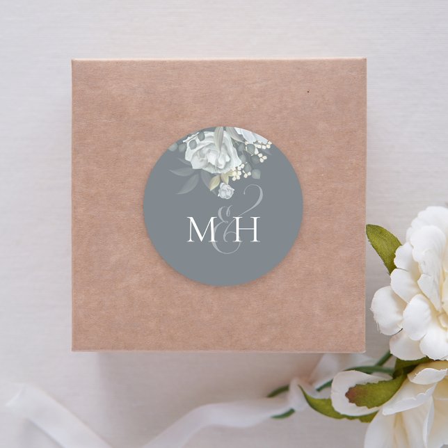 Sticker Rond Flore bleu foncé élégant Flore simple Monogramme (Créateur téléchargé)