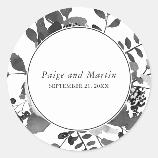 Sticker Rond Flore grise et blanche Enregistrer la date Mariage (Devant)