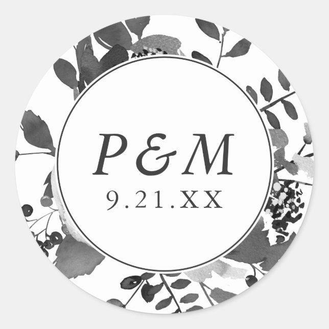 Sticker Rond Flore grise et blanche Enregistrer la date Mariage (Devant)