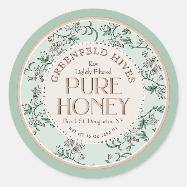Sticker Rond Flore Imprimé Abeilles Vert pâle et Blush Miel cru (Devant)