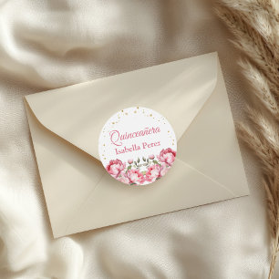 Sticker Rond Flore rose pâle et Parties scintillant or Quincean