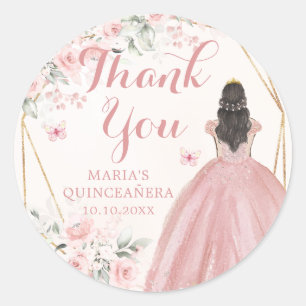 Sticker Rond Flore rose pâle, géométrique Merci Quinceañera