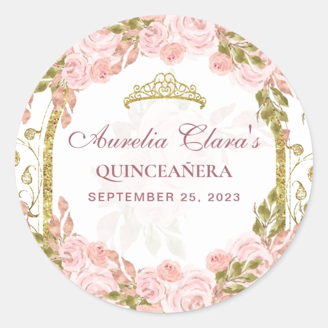 Sticker Rond Flore rose pâle Princess Gold Arch Quinceanera (Devant)