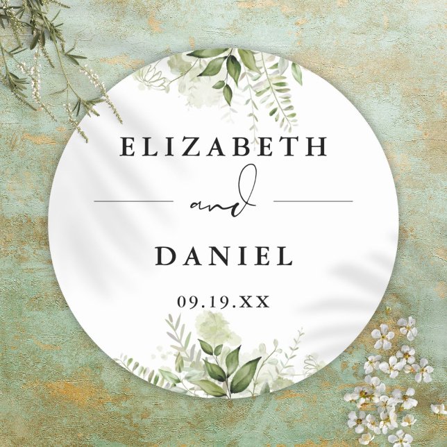 Sticker Rond Flore verdure Élégant Mariage moderne Favoriser (Floral Greenery Elegant Modern Wedding Favor Classic Round Sticker)