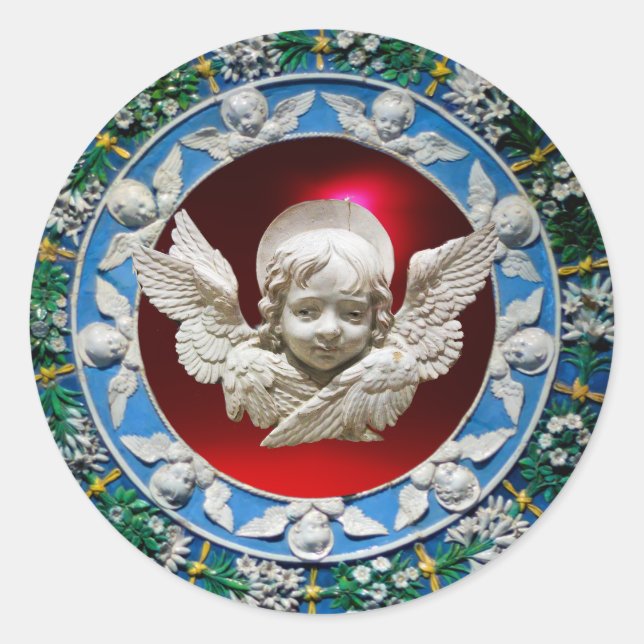 STICKER ROND FLORENTINE RENAISSANCE ANGEL FLORAL CROWN BLEU RED (Devant)