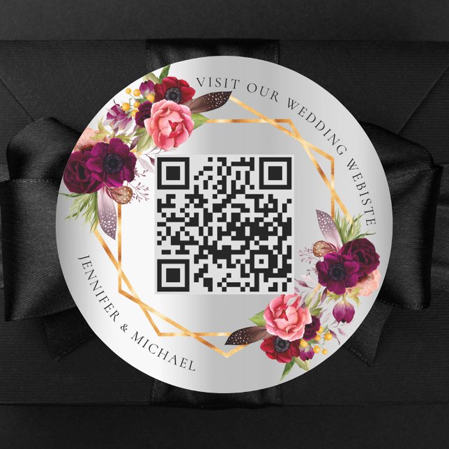 Sticker Rond Flores bordeaux argenté or géométrique mariage QR (Créateur téléchargé)