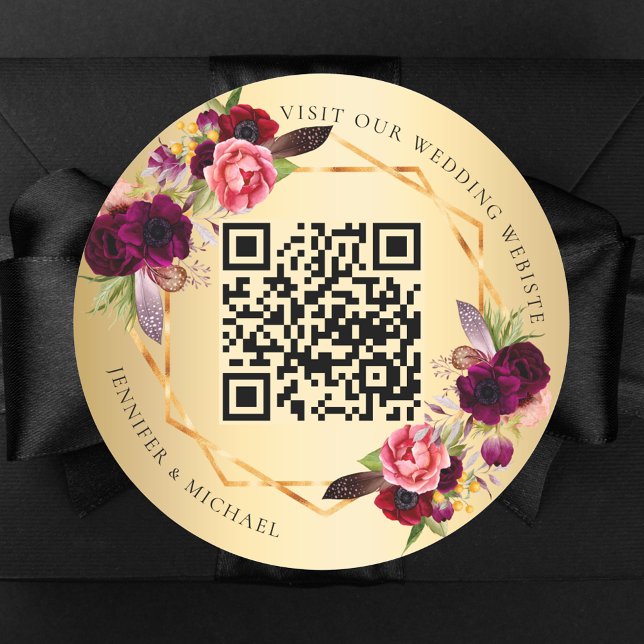 Sticker Rond Flores roses bordeaux dorés mariage QR géométrique (Créateur téléchargé)