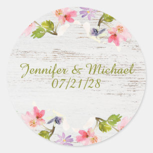 Sticker Rond Flores roses rustiques sur bois blanc