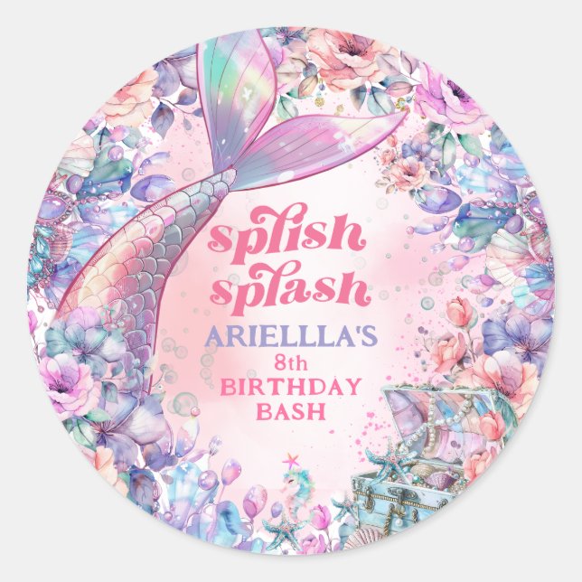 Sticker Rond Flower Glitter Mermaid Tail 8th Birthday (Devant)
