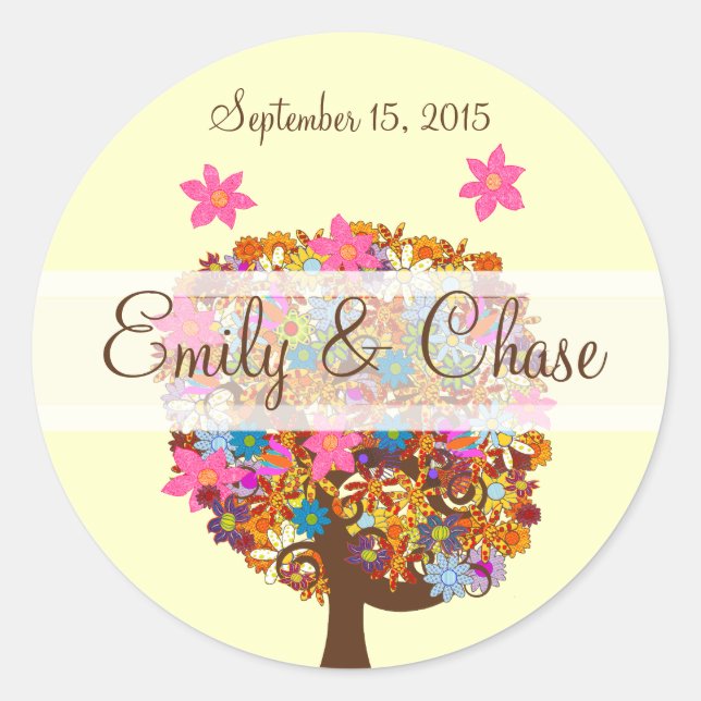 Sticker Rond Flower Love Arbre rose Mariage phoques (Devant)