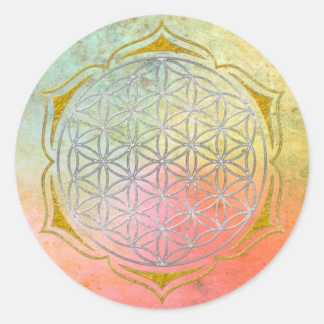 Sticker Rond Flower Of Life - Lotus or argent (Devant)