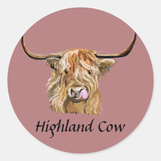 Sticker Rond Fluffy Red Highland Cow Art numérique original (Devant)
