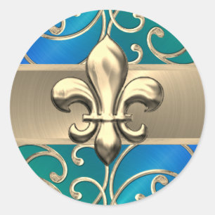 Sticker Rond Flûtes bleu vert et or Filigree Fleur de Lis