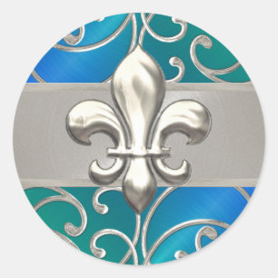 Sticker Rond Flûtes en argent bleu vert Fleur de Lis