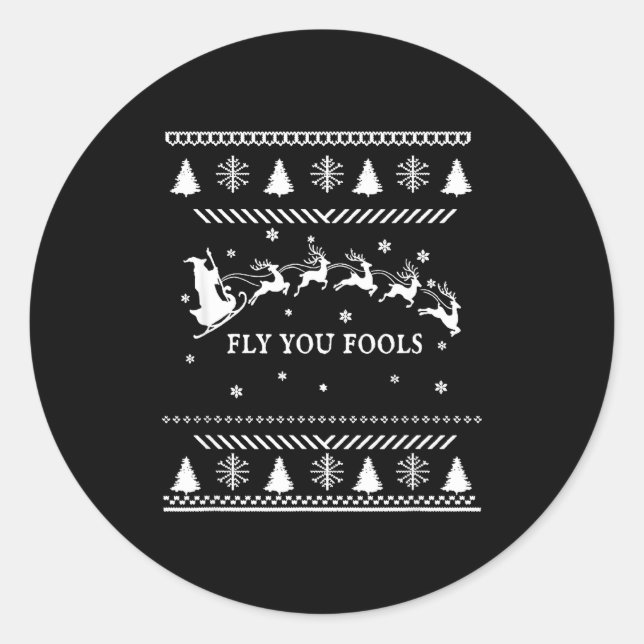 Sticker Rond Fly You Fools Wizard Santa Sleigh Reindeer Christm (Devant)