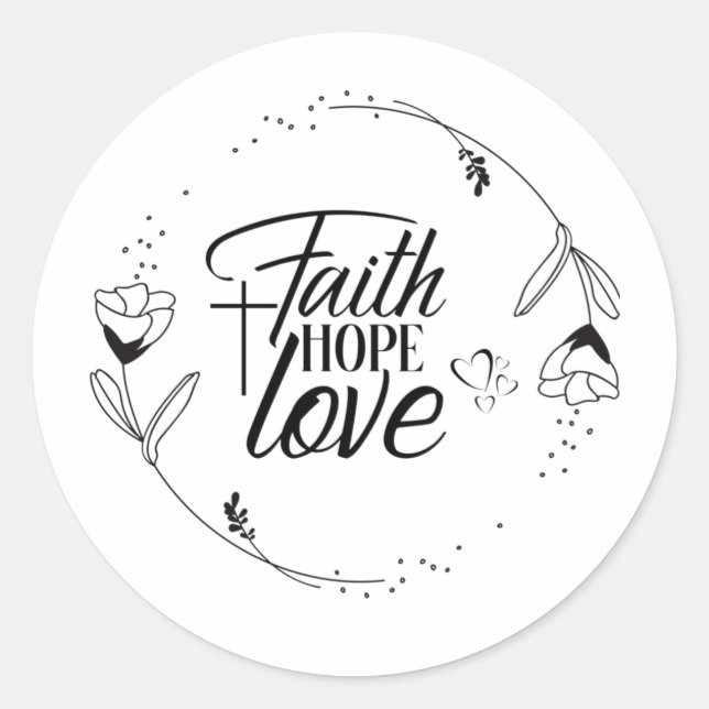 Sticker Rond Foi, Espoir Amour avec Croix, Coeurs, Floral (Devant)